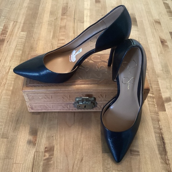 Jessica Simpson Lovvey Black Reptile Embossed D’orsay Pointy Toed 3.5” Heels 7.5 - Picture 1 of 10